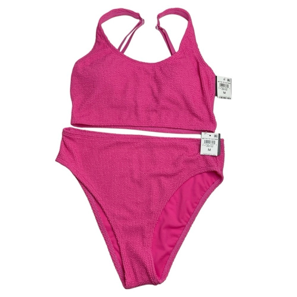 Bar III Tank Bra Bikini Top & High Leg Bottoms Candy Kiss Pink Textured M New